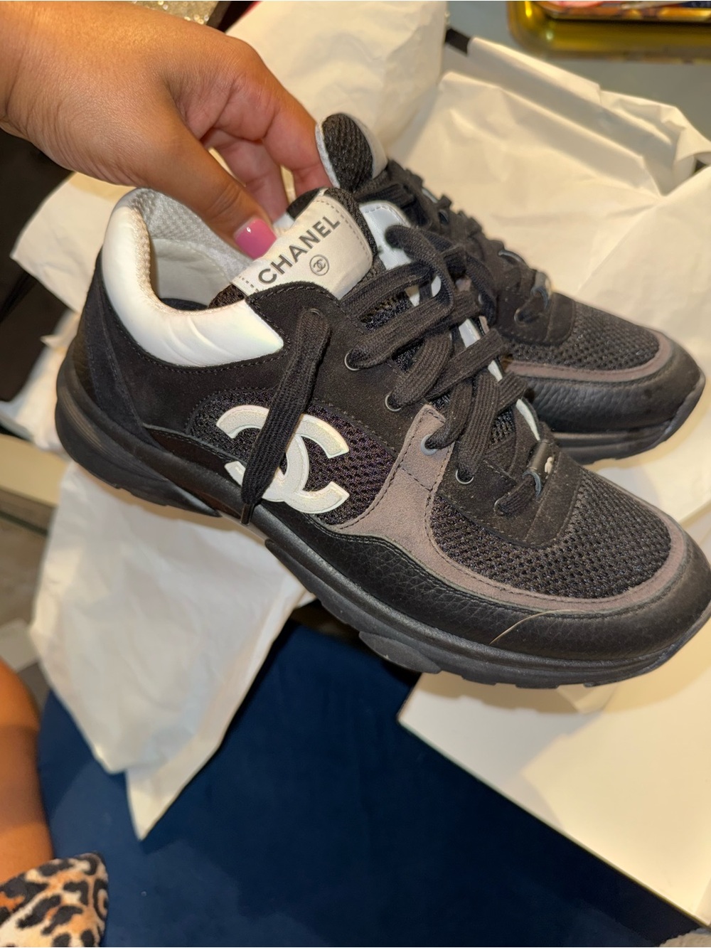CHANEL Black and White Logo Low-Top Sneakers AUTHENTIC